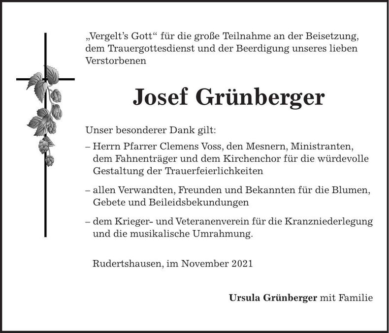 Traueranzeige Josef Grünberger