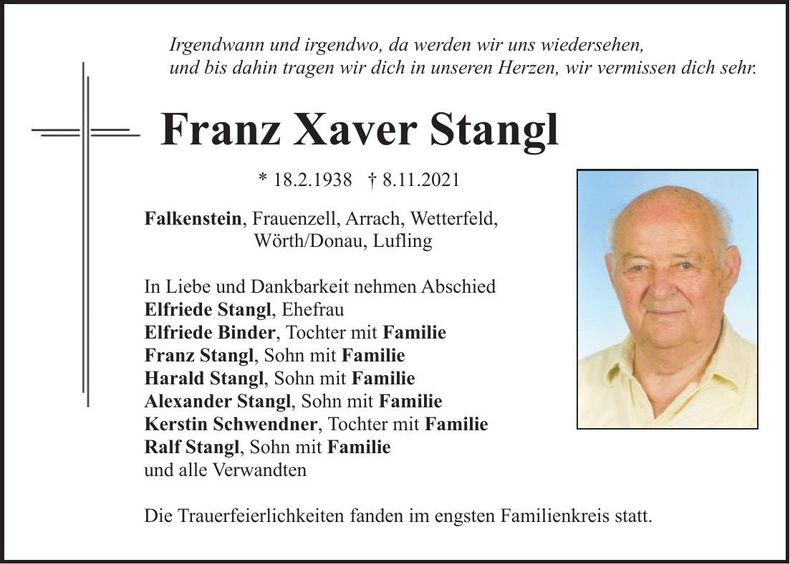 Traueranzeige Franz Xaver Stangl