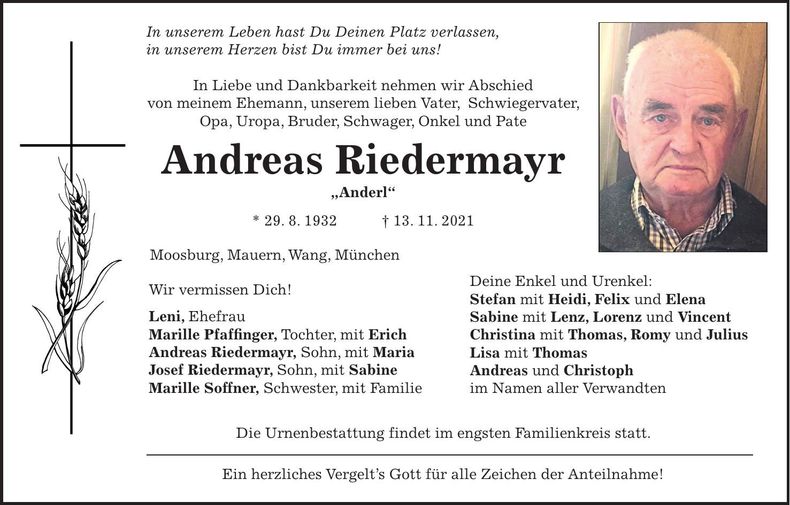 Traueranzeige Andreas Riedermayr