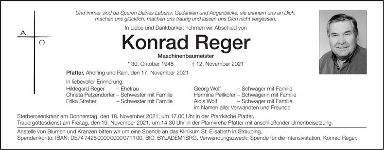 Traueranzeige Konrad Reger