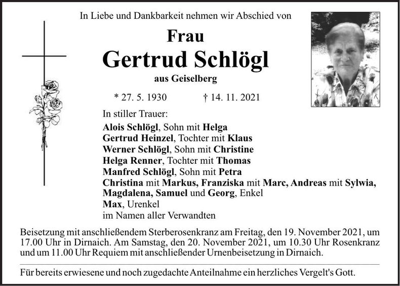 Traueranzeige Gertrud Schlögl