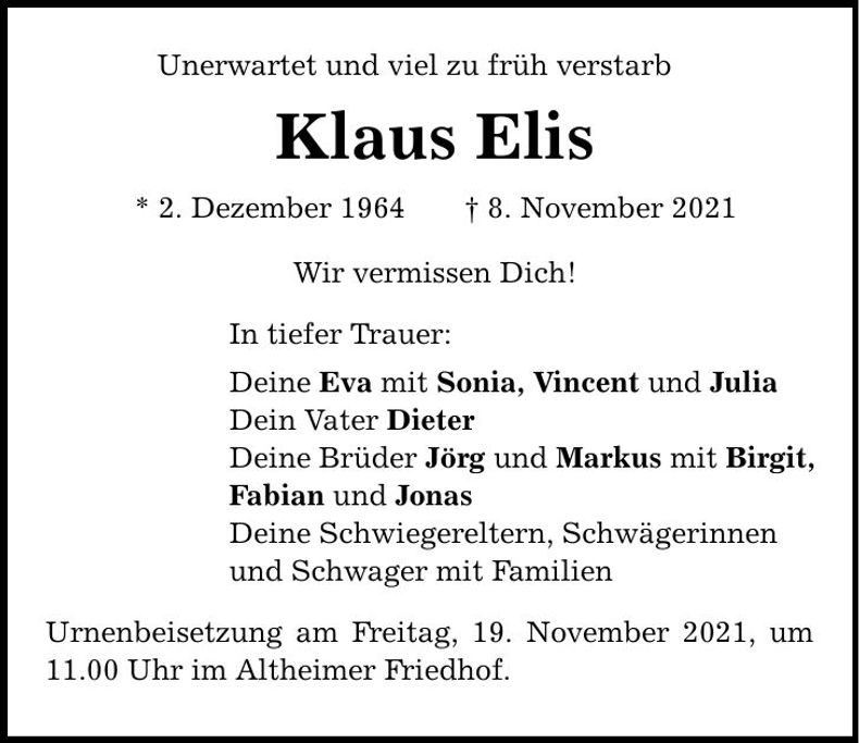 Traueranzeige Klaus Elis