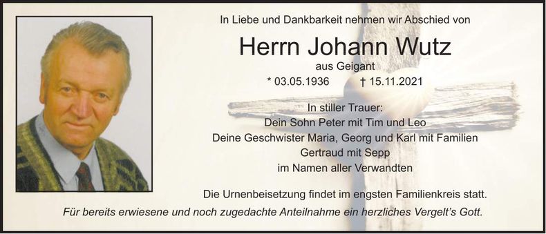 Traueranzeige Johann Wutz