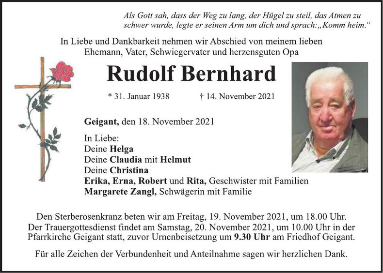 Traueranzeige Bernhard Rudolf
