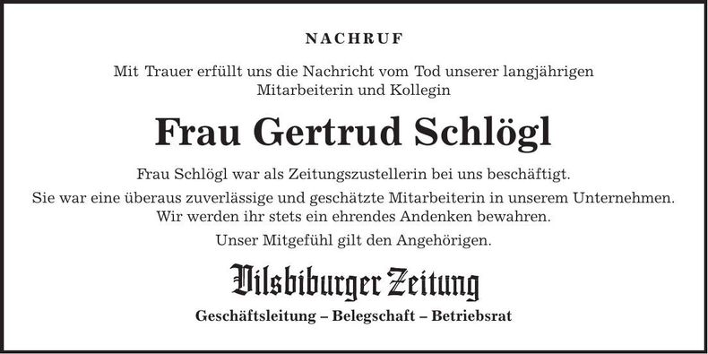 Traueranzeige Gertrud Schlögl