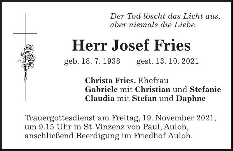 Traueranzeige Josef Fries
