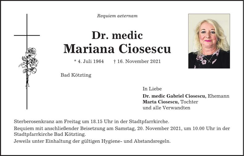 Traueranzeige Mariana Dr. med. Ciosescu