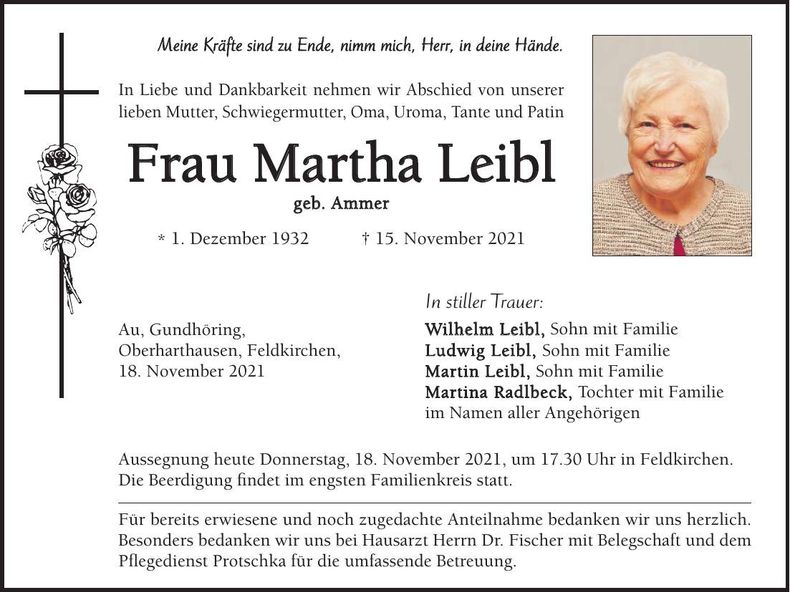 Traueranzeige Martha Leibl