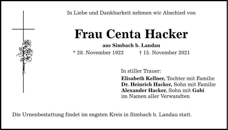 Traueranzeige Centa Hacker