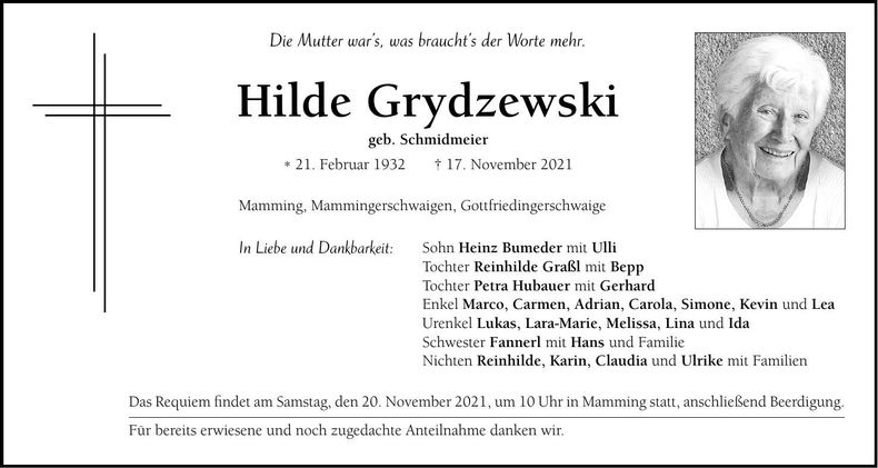 Traueranzeige Hilde Grydzewski