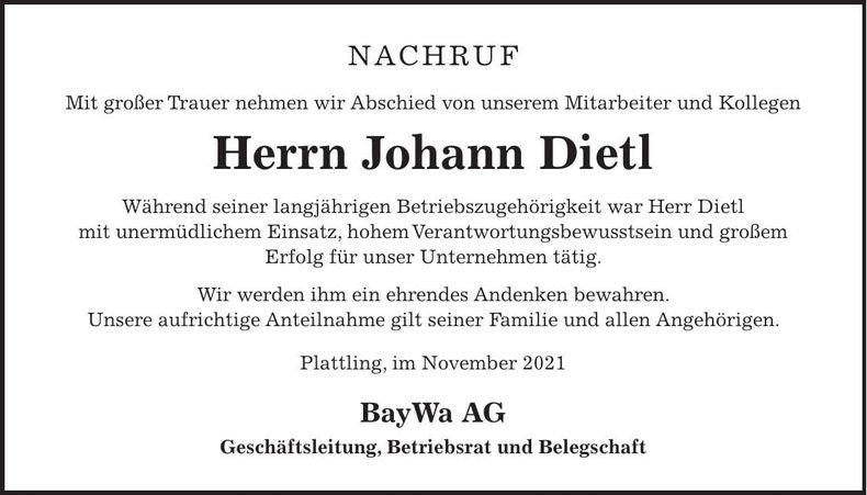 Traueranzeige Johann Dietl
