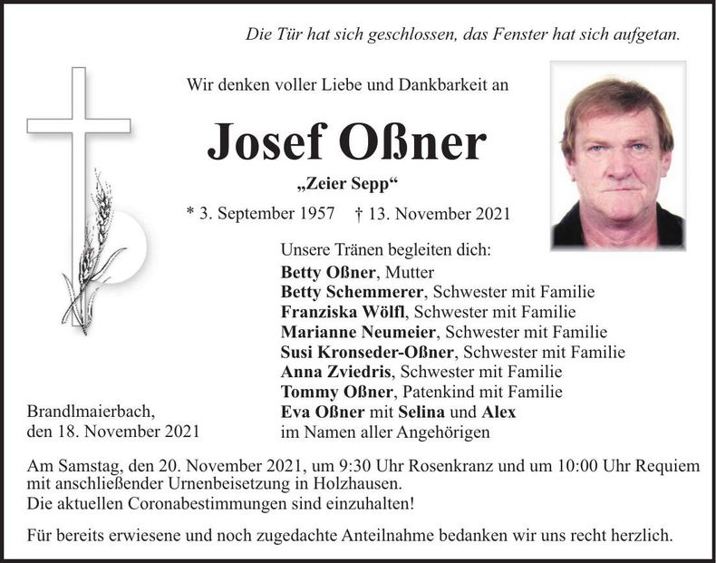 Traueranzeige Josef Oßner