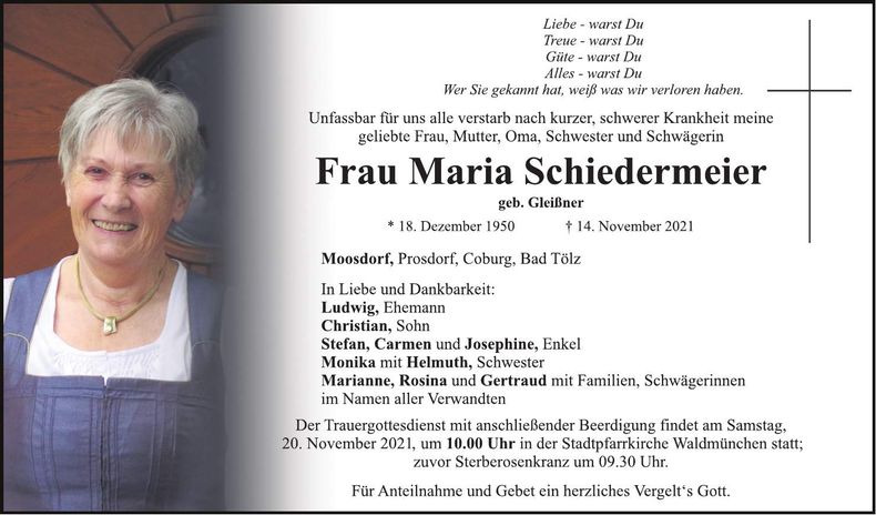 Traueranzeige Maria Schiedermeier
