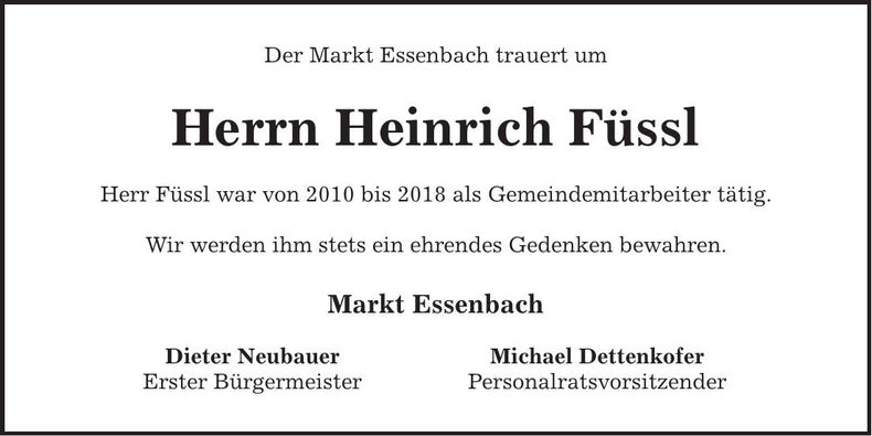 Traueranzeige Heinrich Füssl