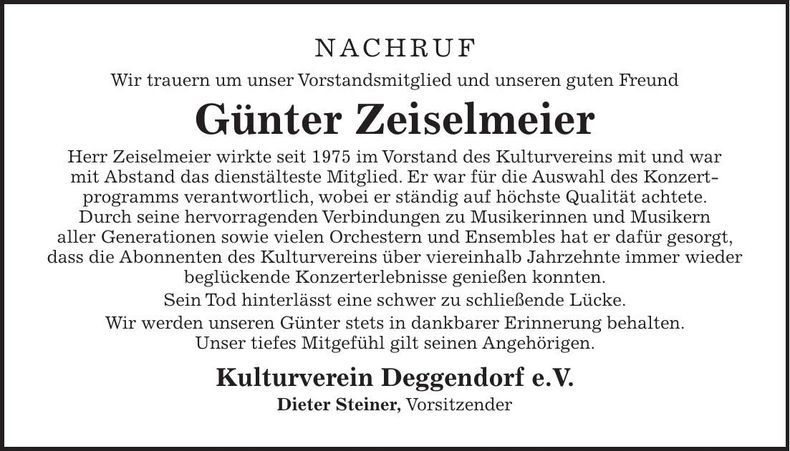 Traueranzeige Günter Zeiselmeier