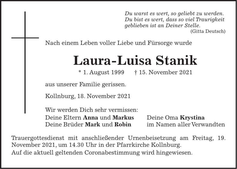 Traueranzeige Laura-Maria Stanik