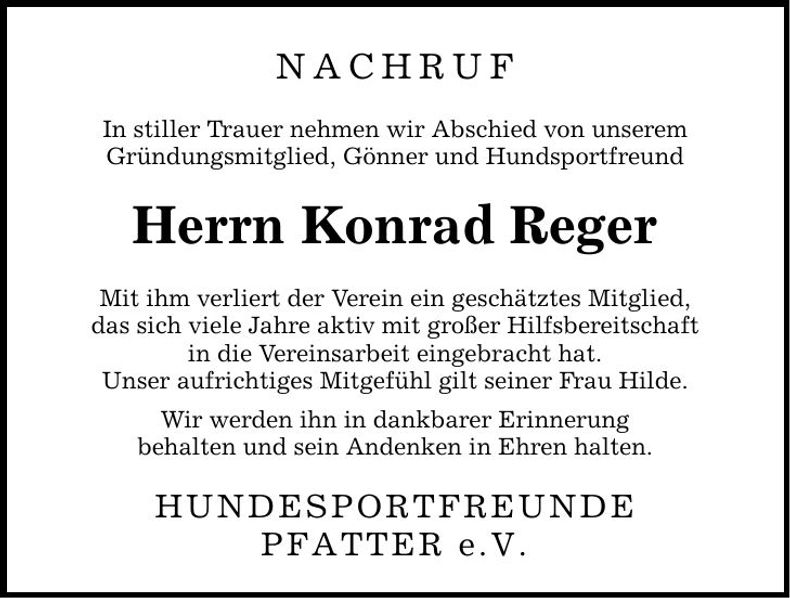 Traueranzeige Konrad Reger