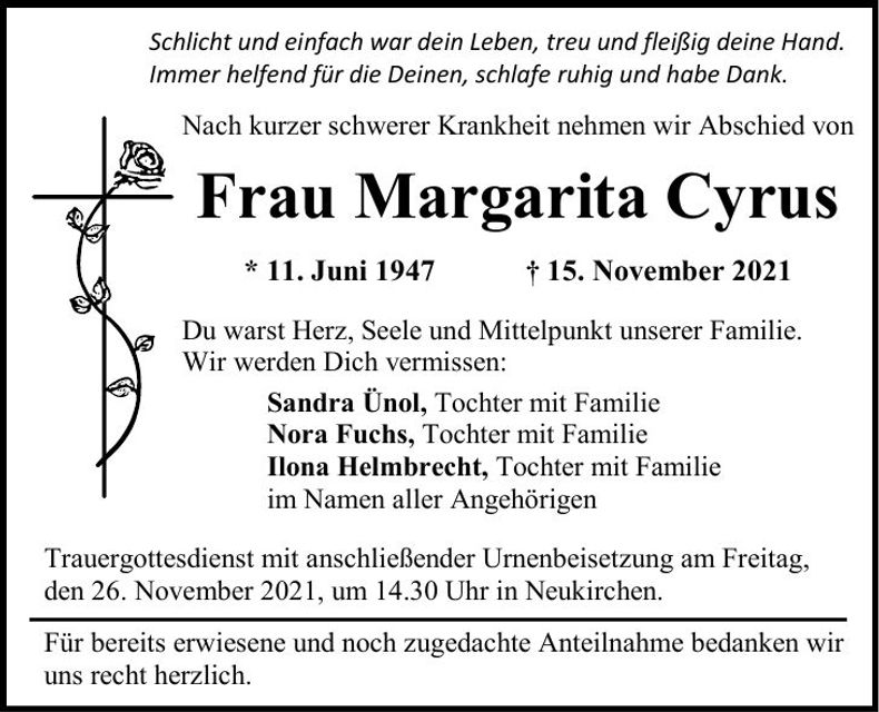 Traueranzeige Margarita Cyrus