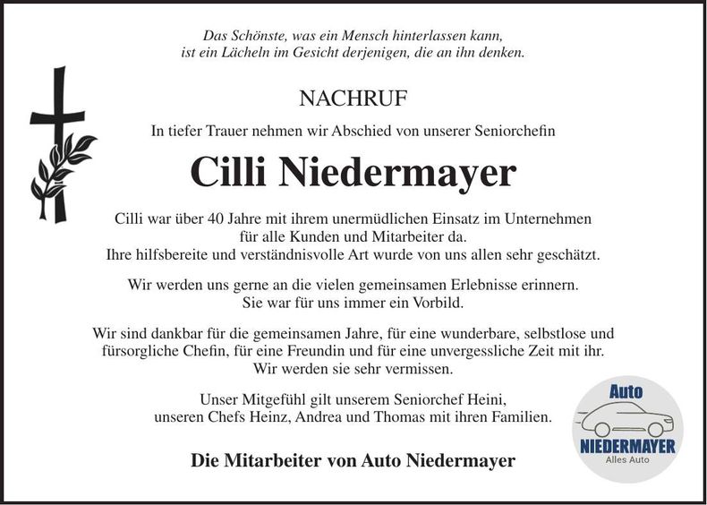 Traueranzeige Cilli Niedermayer