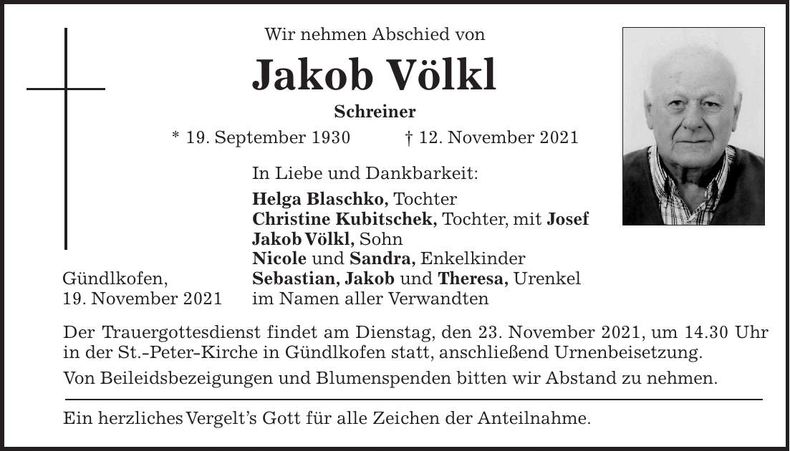 Traueranzeige Jakob Völkl