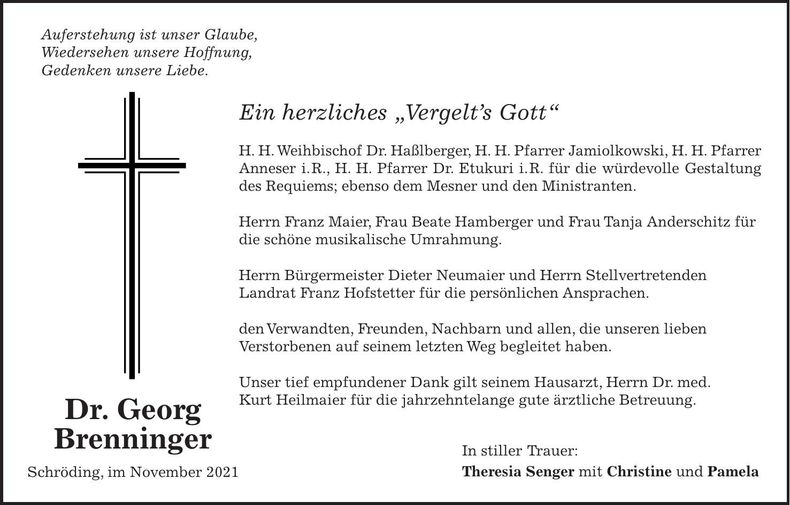 Traueranzeige Georg Dr. Brenninger