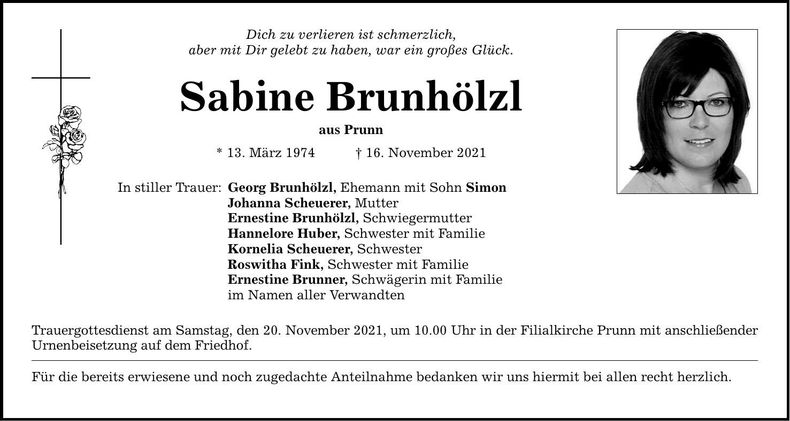 Traueranzeige Sabine Brunhölzl