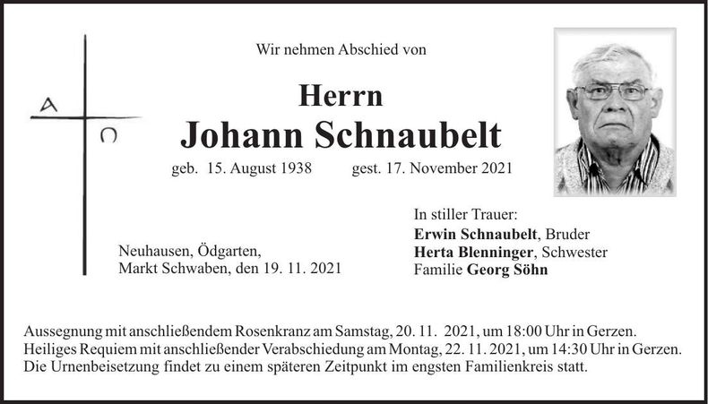 Traueranzeige Johann Schnaubelt
