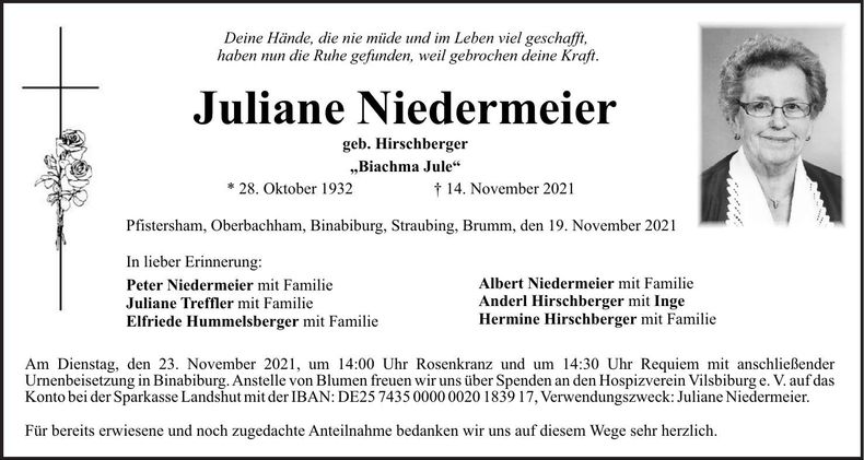 Traueranzeige Juliane Niedermeier