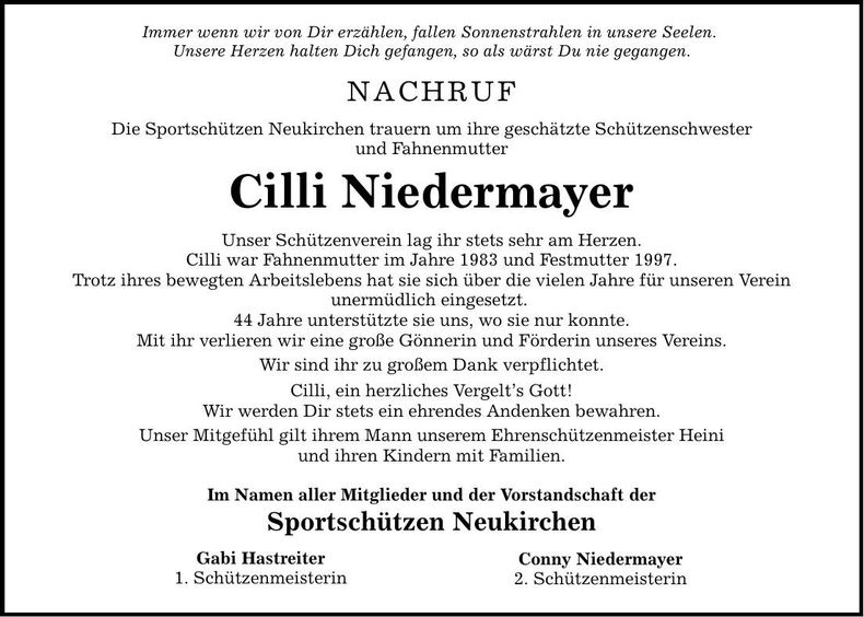 Traueranzeige Cilli Niedermayer