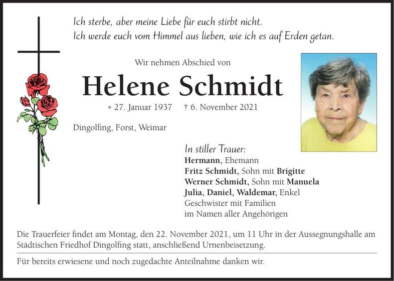 Traueranzeige Helene Schmidt