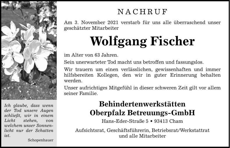 Traueranzeige Wolfgang Fischer