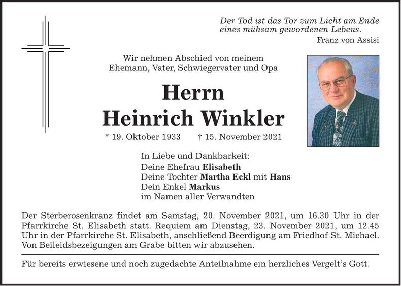 Traueranzeige Heinrich Winkler