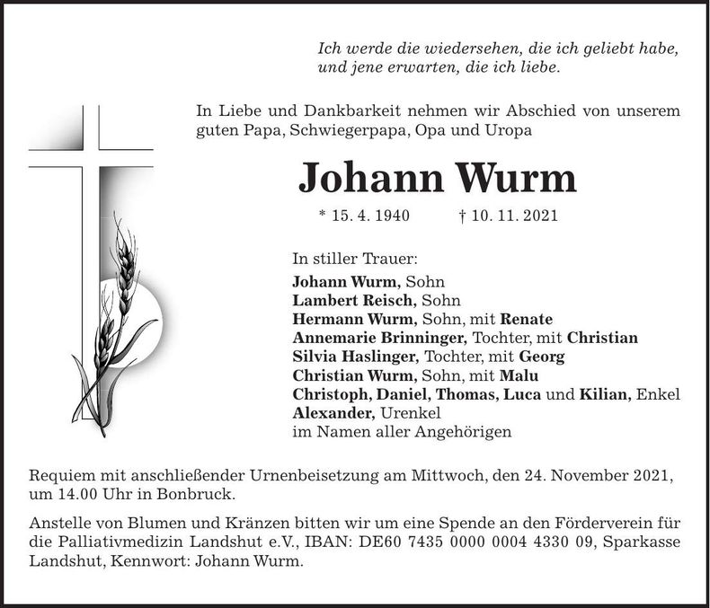 Traueranzeige Johann Wurm