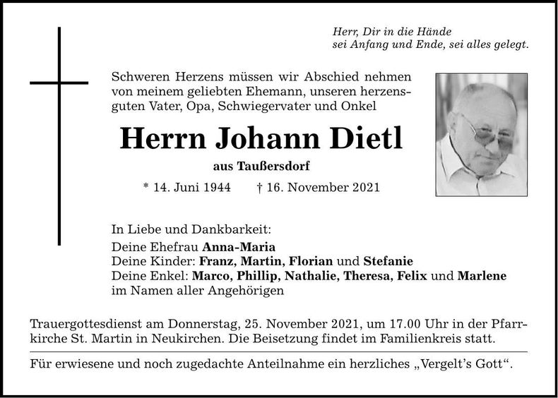 Traueranzeige Johann Dietl