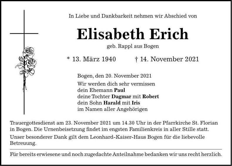 Traueranzeige Elisabeth Erich