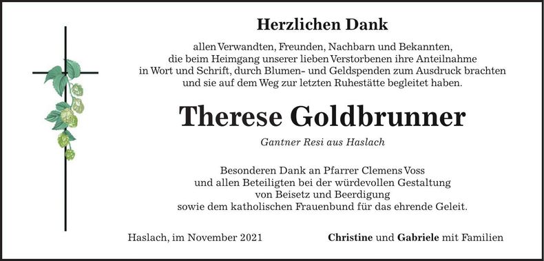 Traueranzeige Therese Goldbrunner