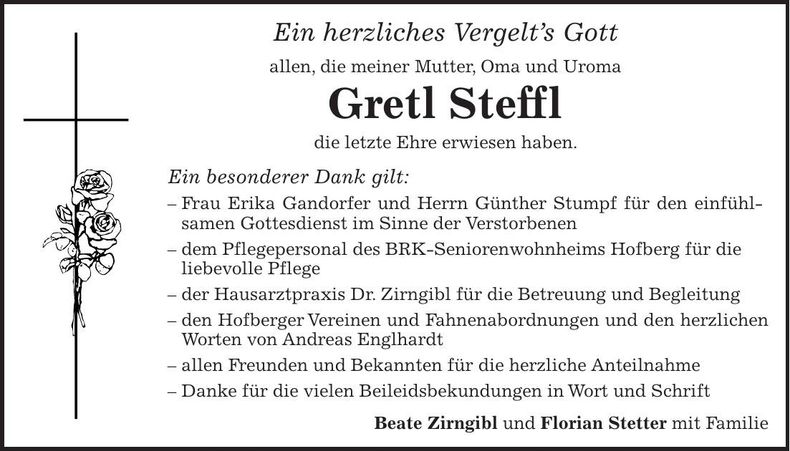 Traueranzeige Gretl Steffl