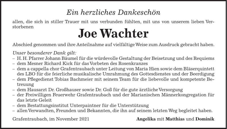 Traueranzeige Joe Wachter