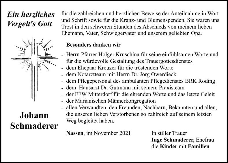 Traueranzeige Johann Schmaderer