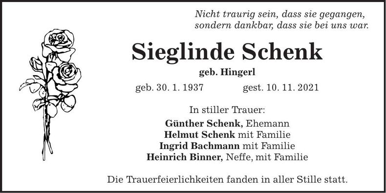 Traueranzeige Sieglinde Schenk
