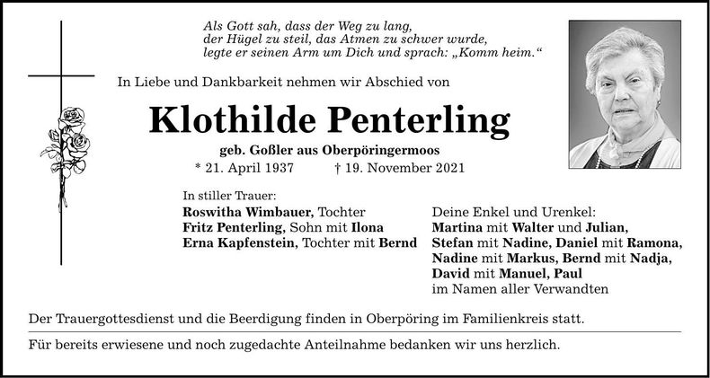 Traueranzeige Klothilde Penterling