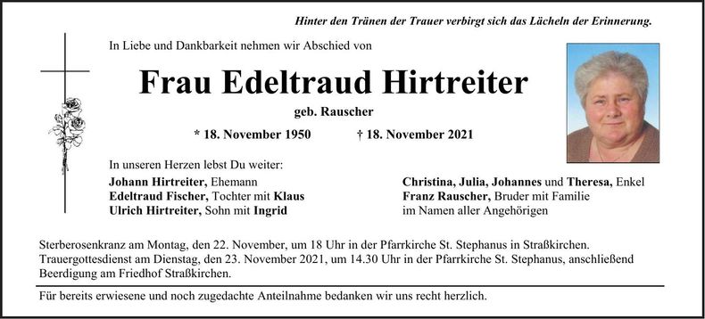 Traueranzeige Edeltraud Hirtreiter