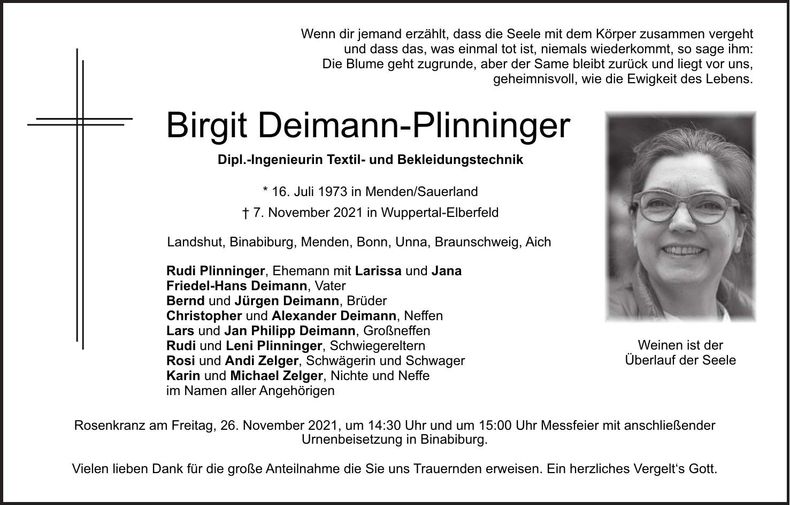 Traueranzeige Birgit Deimann-Plinninger