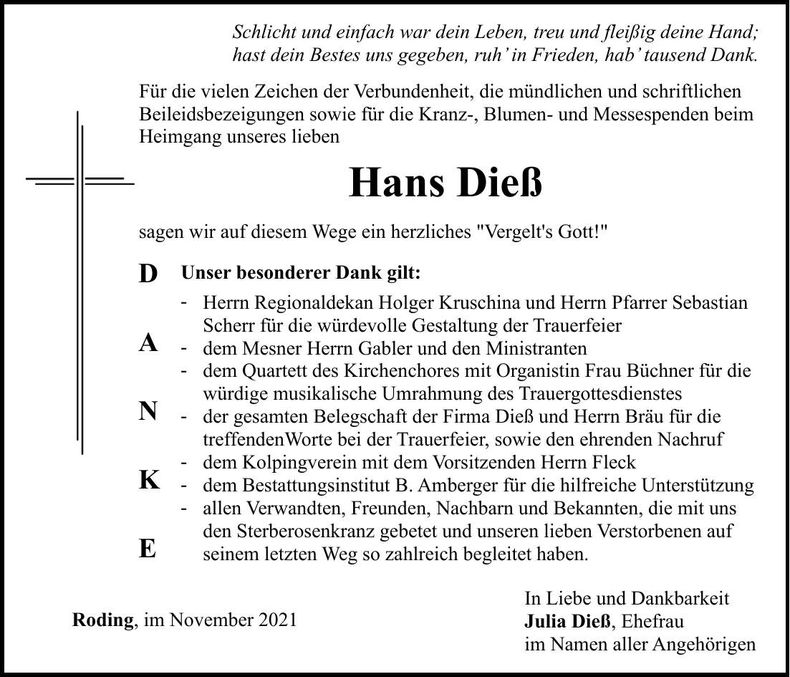 Traueranzeige Johann Dieß