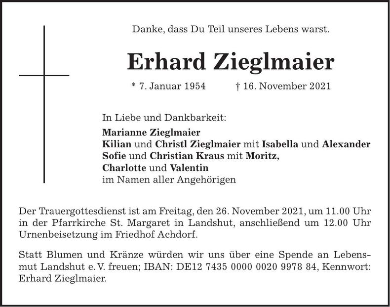 Traueranzeige Erhard Zieglmaier