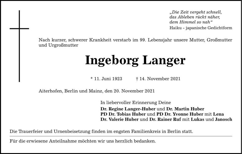 Traueranzeige Ingeborg Langer