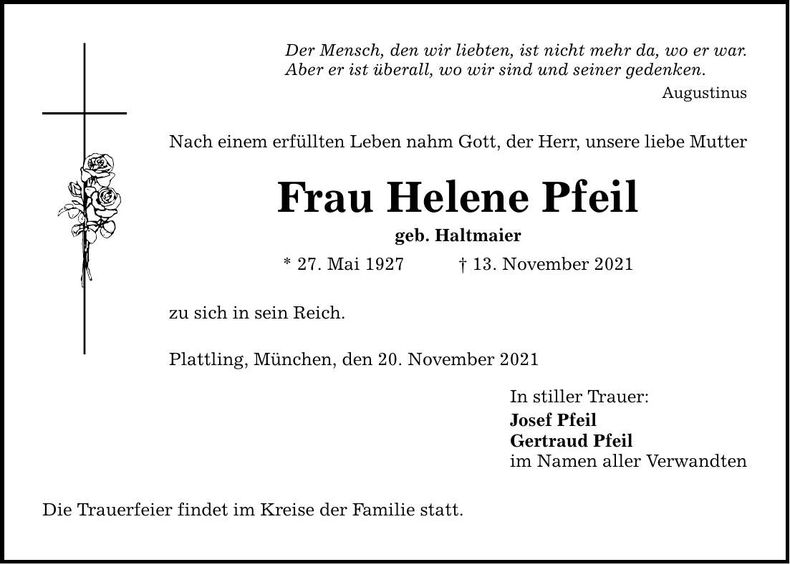 Traueranzeige Helene Pfeil