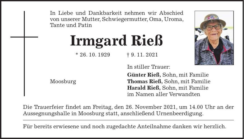 Traueranzeige Irmgard Rieß