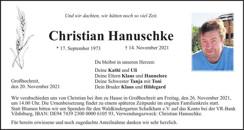 Traueranzeige Christian Hanuschke