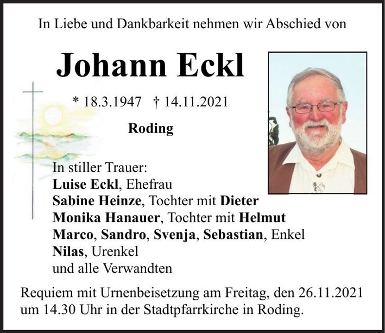 Traueranzeige Johann Eckl